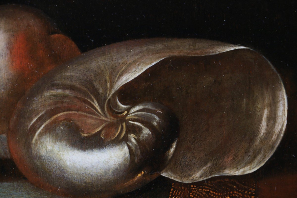 Sebastian Stoskopff (1597 ; 1657).  Nautile Nacré Et Pêches Sur Un Entablement.-photo-2