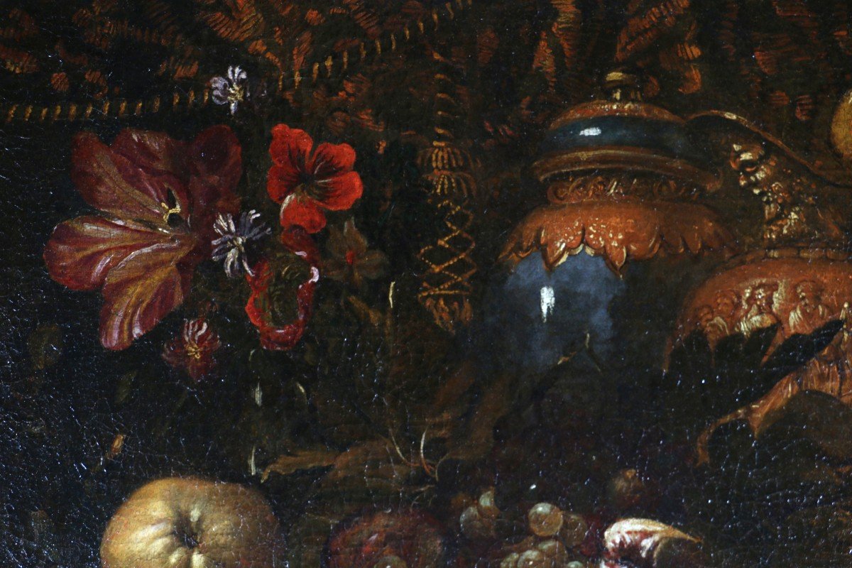Francesco Maltese (1611 ; 1660) Attribué. Nature Morte Aux Tapis, Aiguière, Fruits Et Fleurs.-photo-2