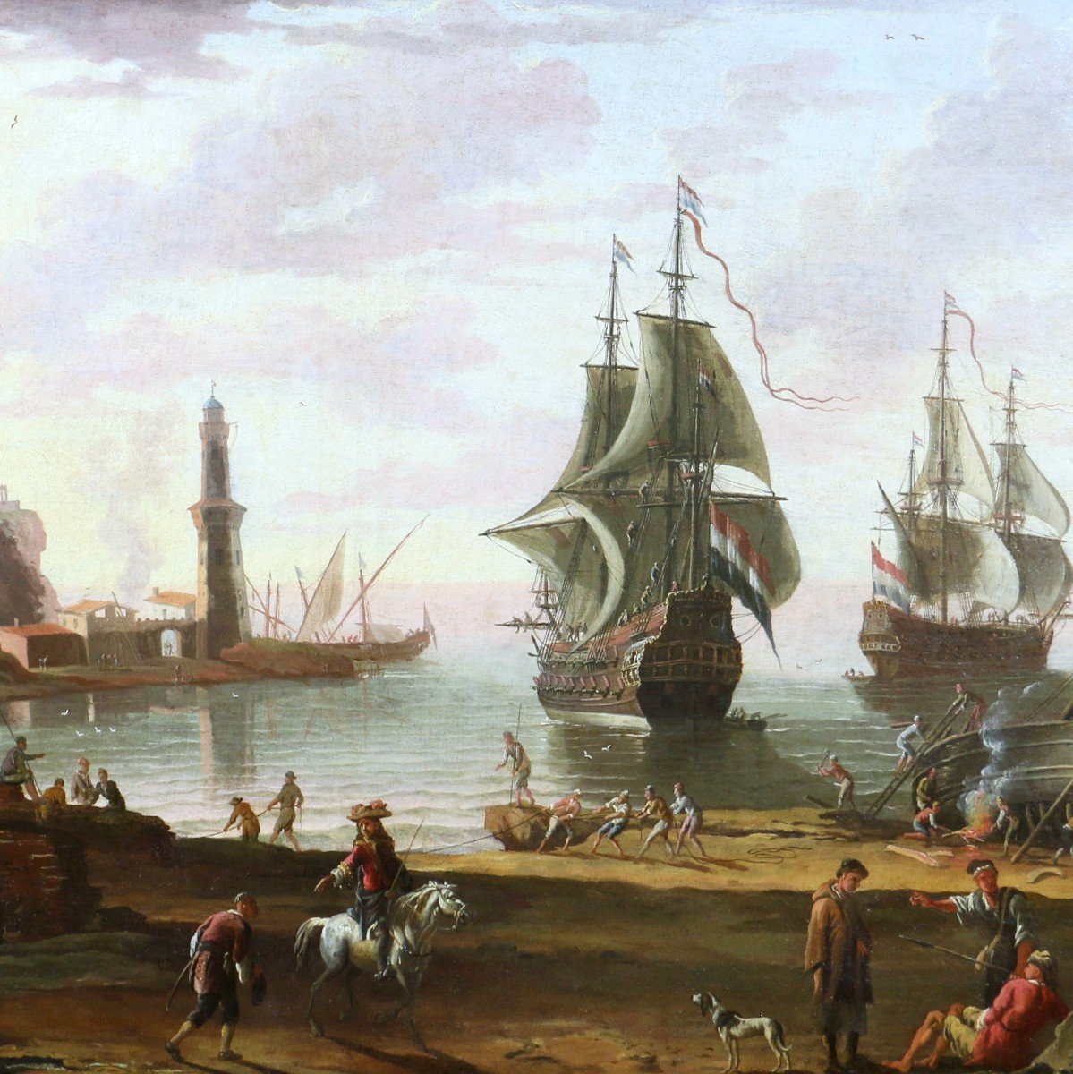 Adriaen Manglard (1695-1760) Attributed. Marine, Entrance To The Port Of Rome In The 18th Century-photo-2