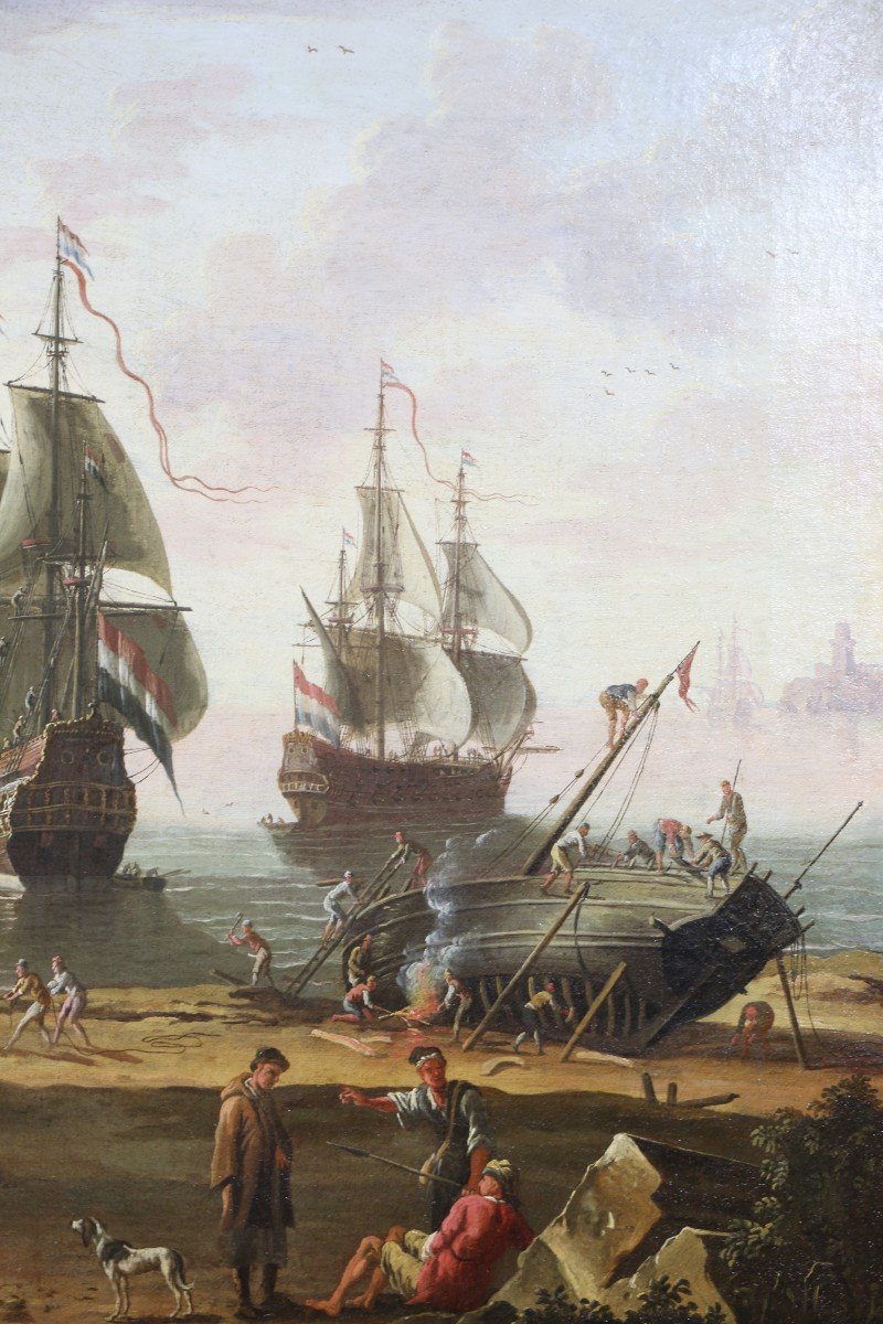 Adriaen Manglard (1695-1760) Attributed. Marine, Entrance To The Port Of Rome In The 18th Century-photo-2