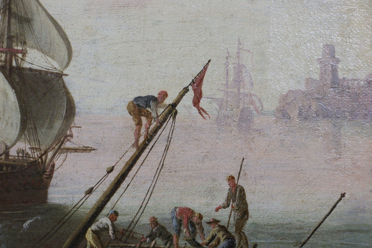 Adriaen Manglard (1695-1760) Attributed. Marine, Entrance To The Port Of Rome In The 18th Century-photo-6