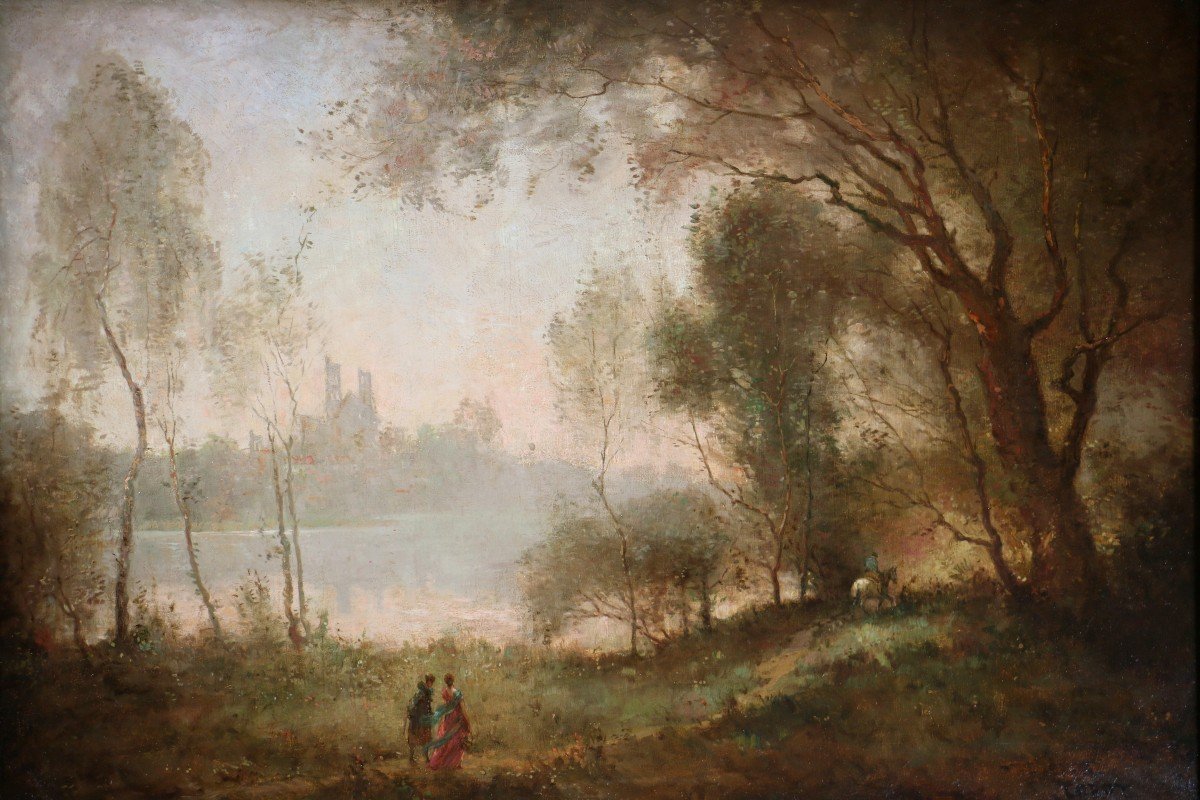  French School Around 1860, Workshop Of Camille Corot (1796-1875): The Banks Of The Seine -photo-2