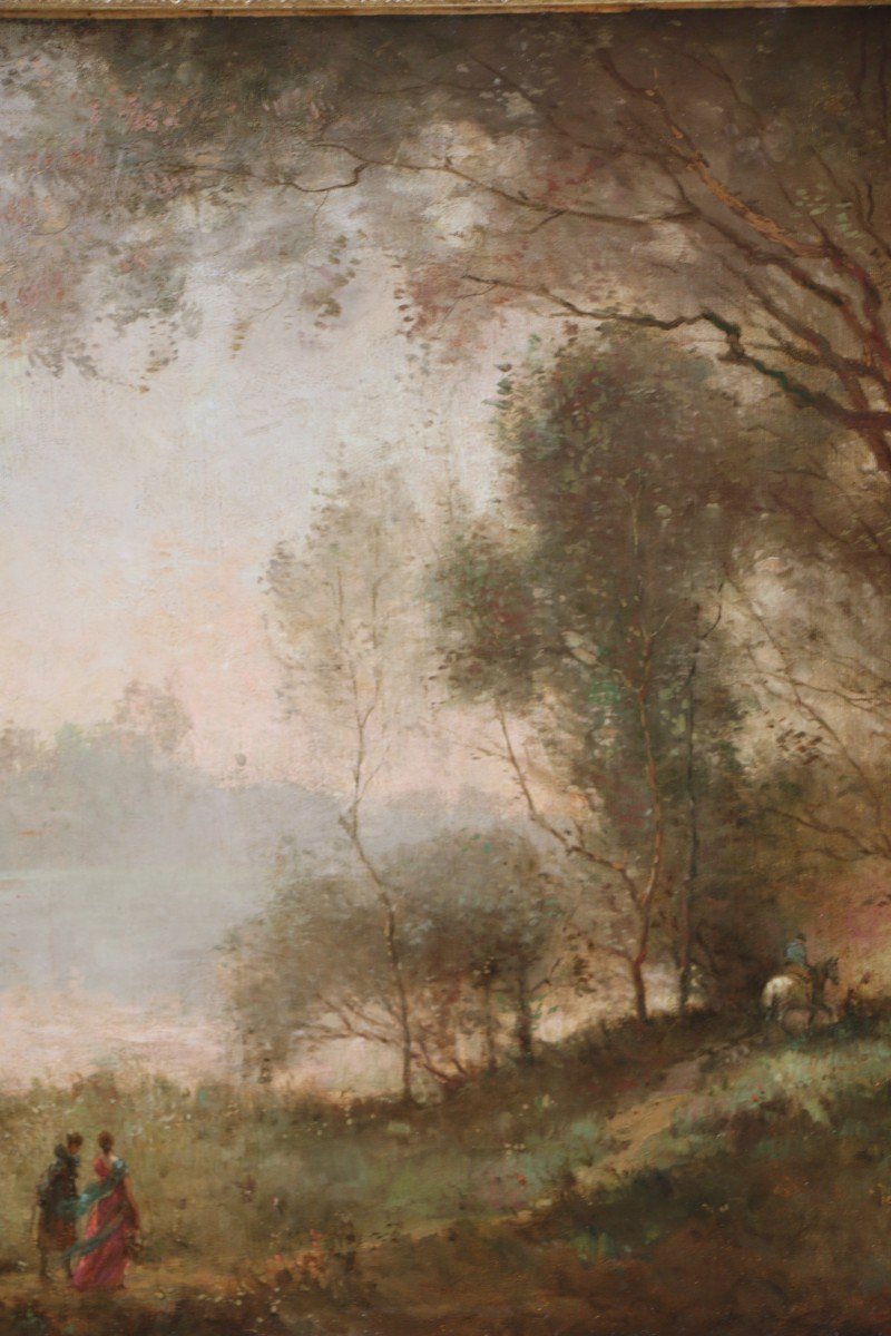  French School Around 1860, Workshop Of Camille Corot (1796-1875): The Banks Of The Seine -photo-3