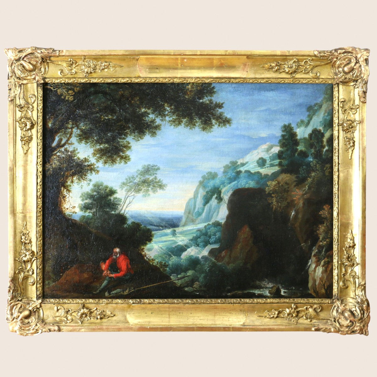 Ecole Flamande Du 16è Siècle, Atelier Des Brill. Paysage Animé D’un Homme Au Repos.