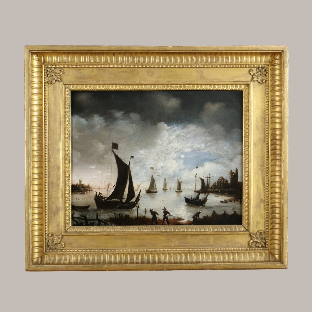 19th Century Dutch School, Seascape With Fishermen In The Moonlight.