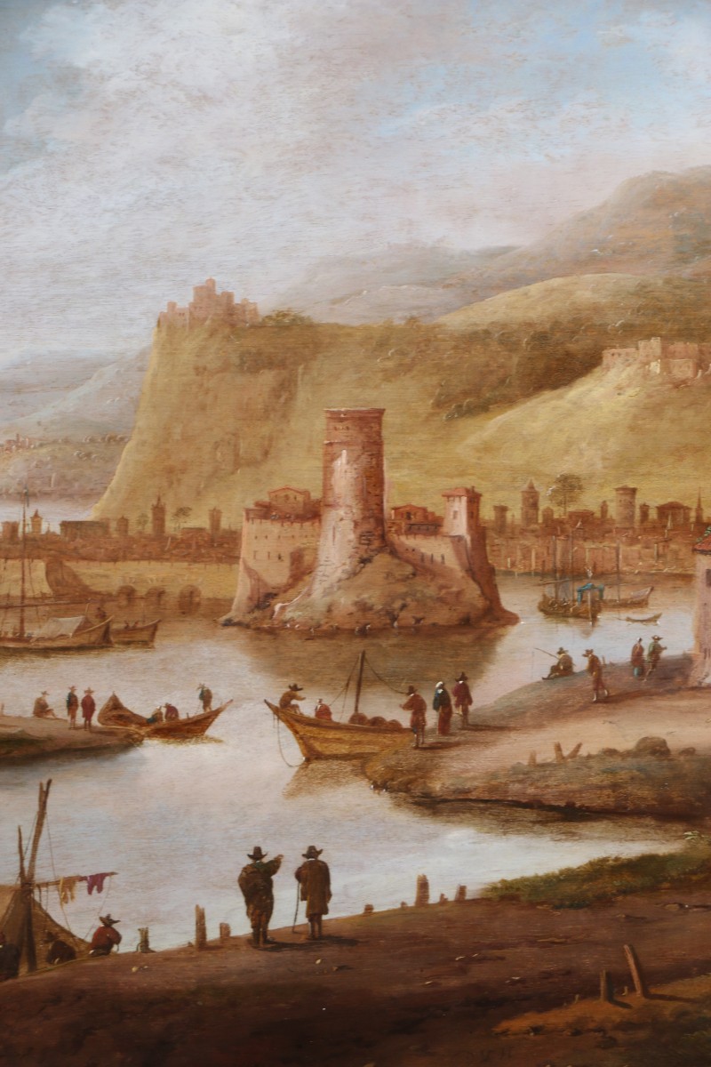 Dirck Verhaert (1610-1680) signé DVH. Grand paysage animé, capriccio maritime.-photo-3