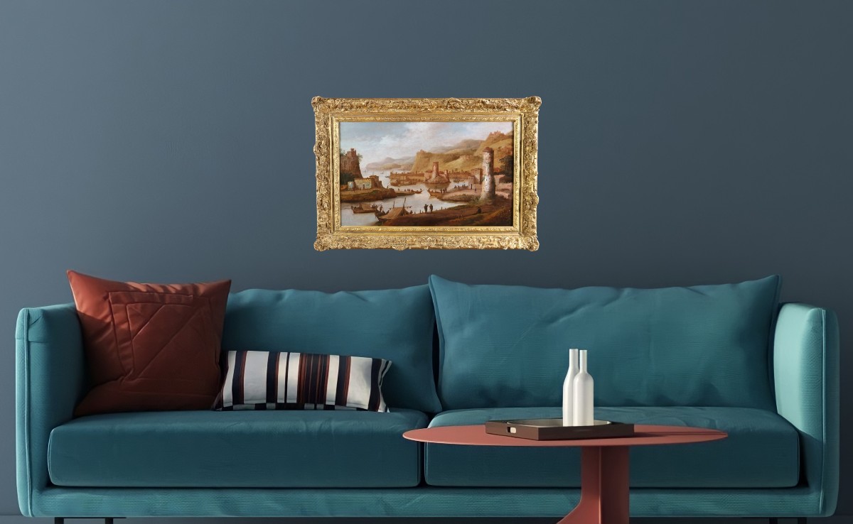 Dirck Verhaert (1610-1680) signé DVH. Grand paysage animé, capriccio maritime.-photo-4