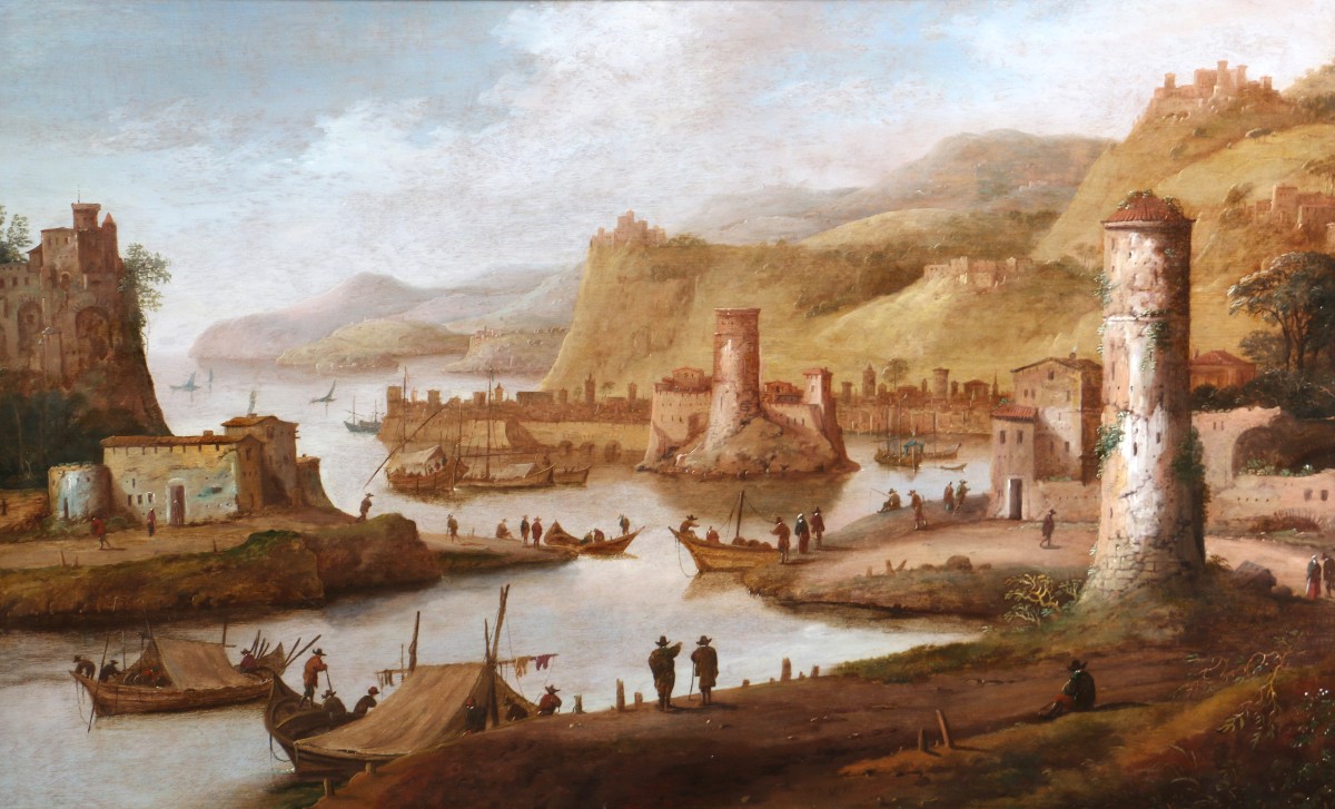 Dirck Verhaert (1610-1680) signé DVH. Grand paysage animé, capriccio maritime.-photo-2