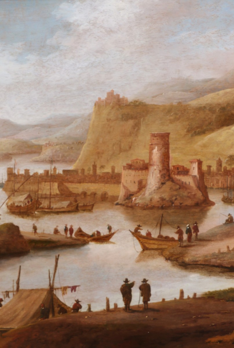 Dirck Verhaert (1610-1680) signé DVH. Grand paysage animé, capriccio maritime.-photo-2