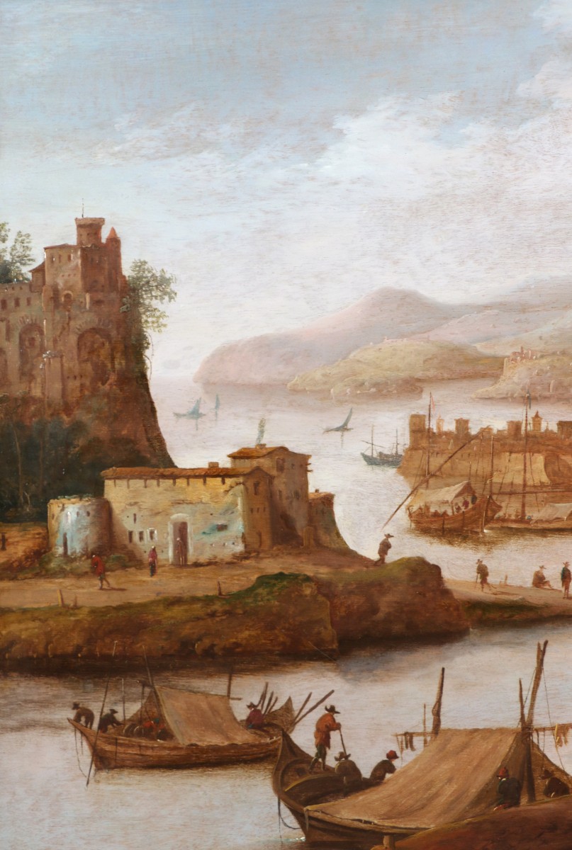 Dirck Verhaert (1610-1680) signé DVH. Grand paysage animé, capriccio maritime.-photo-3