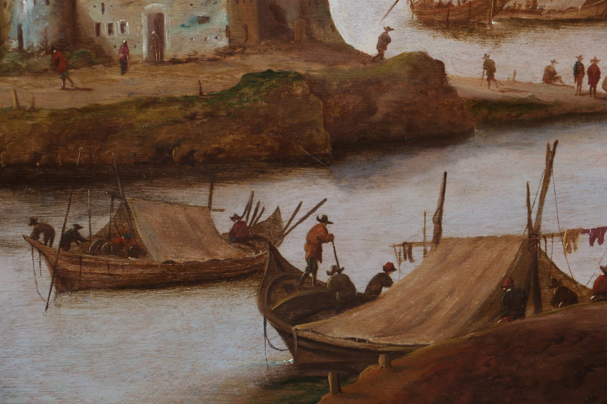 Dirck Verhaert (1610-1680) signé DVH. Grand paysage animé, capriccio maritime.-photo-4