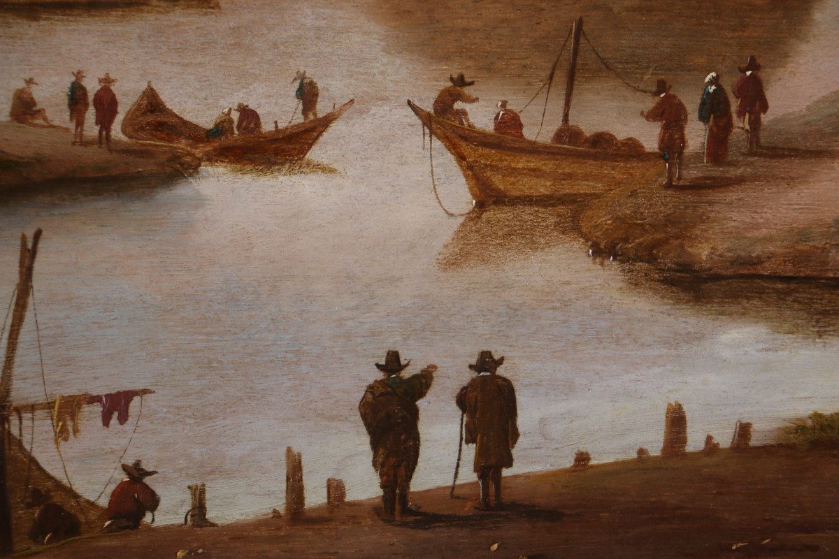 Dirck Verhaert (1610-1680) signé DVH. Grand paysage animé, capriccio maritime.-photo-5