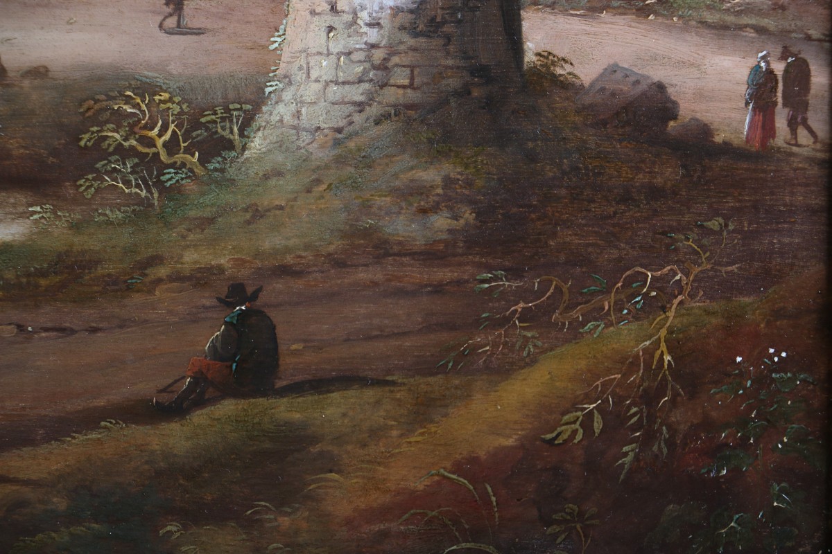 Dirck Verhaert (1610-1680) signé DVH. Grand paysage animé, capriccio maritime.-photo-7