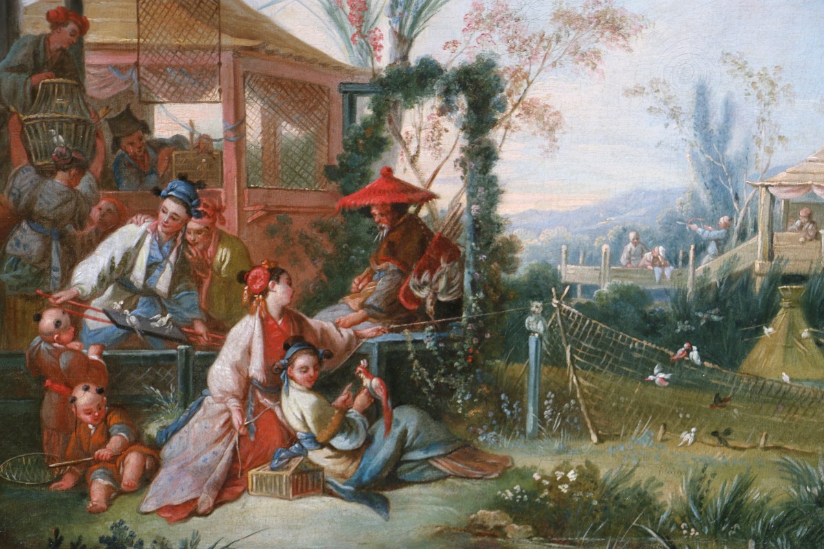Chinoiserie attribuée à l’atelier De François Boucher vers 1750, la chasse aux oiseaux.-photo-3