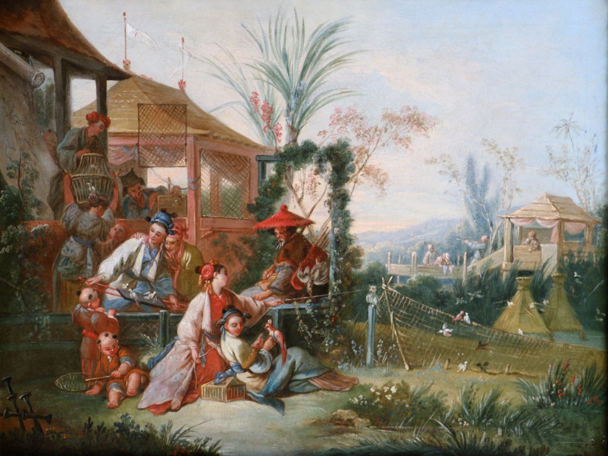 Chinoiserie attribuée à l’atelier De François Boucher vers 1750, la chasse aux oiseaux.-photo-2