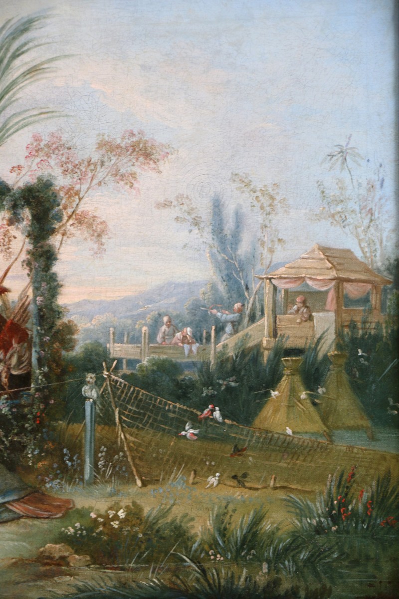 Chinoiserie attribuée à l’atelier De François Boucher vers 1750, la chasse aux oiseaux.-photo-1