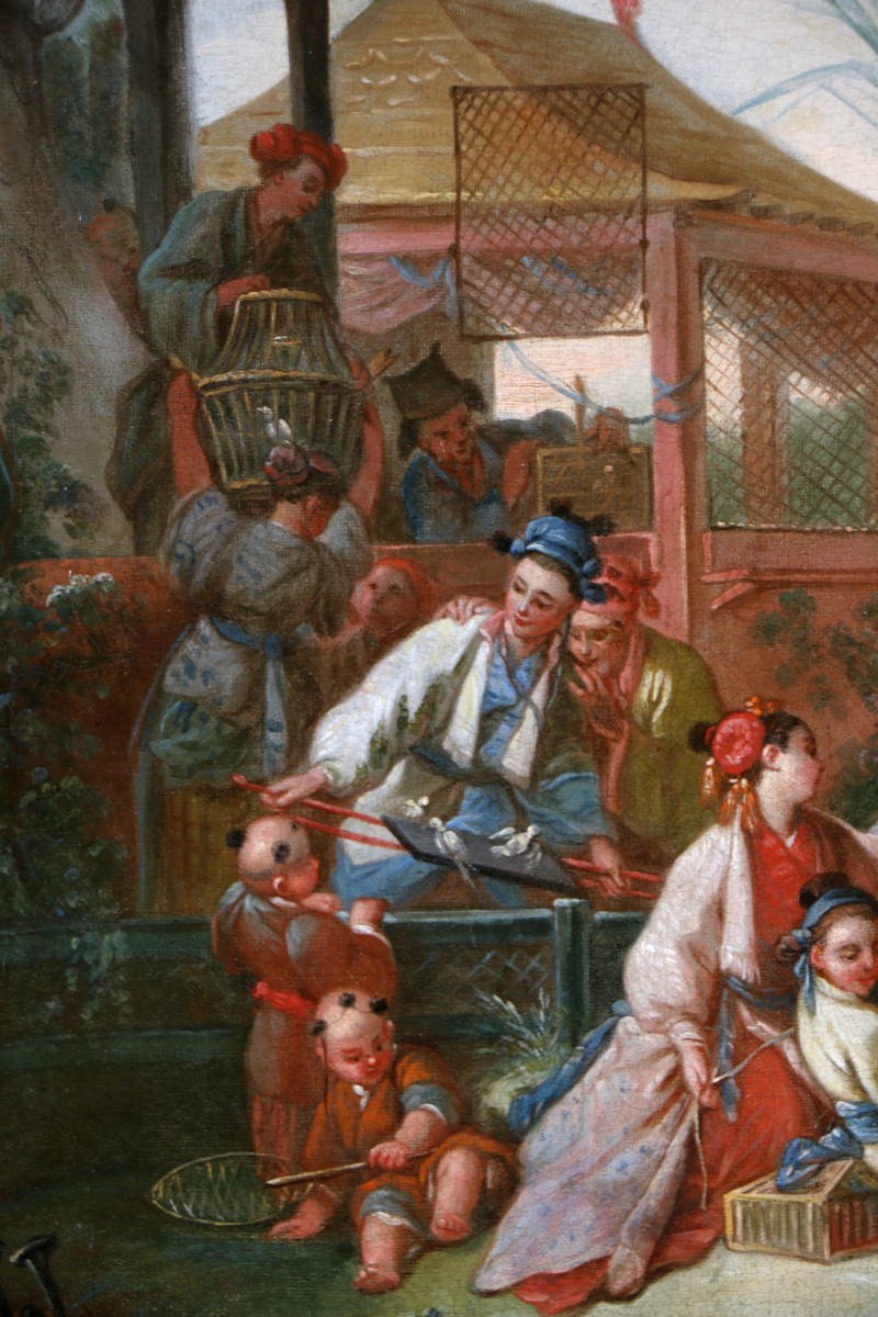 Chinoiserie attribuée à l’atelier De François Boucher vers 1750, la chasse aux oiseaux.-photo-2