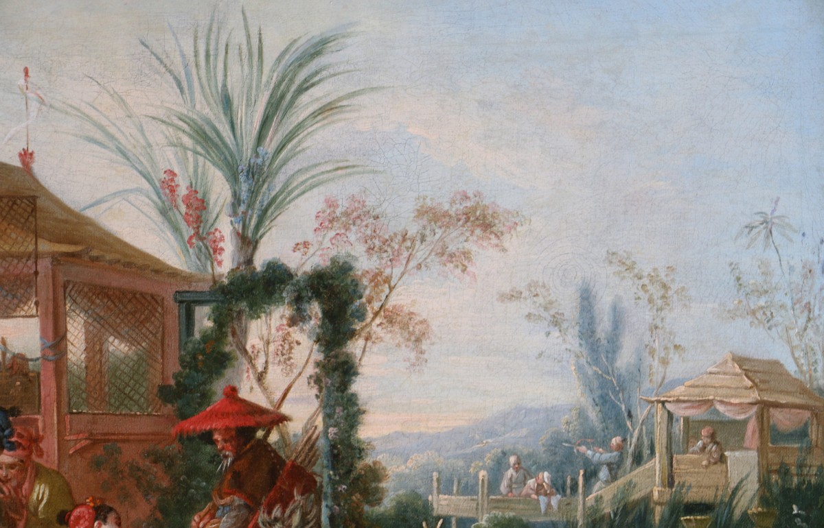 Chinoiserie attribuée à l’atelier De François Boucher vers 1750, la chasse aux oiseaux.-photo-3