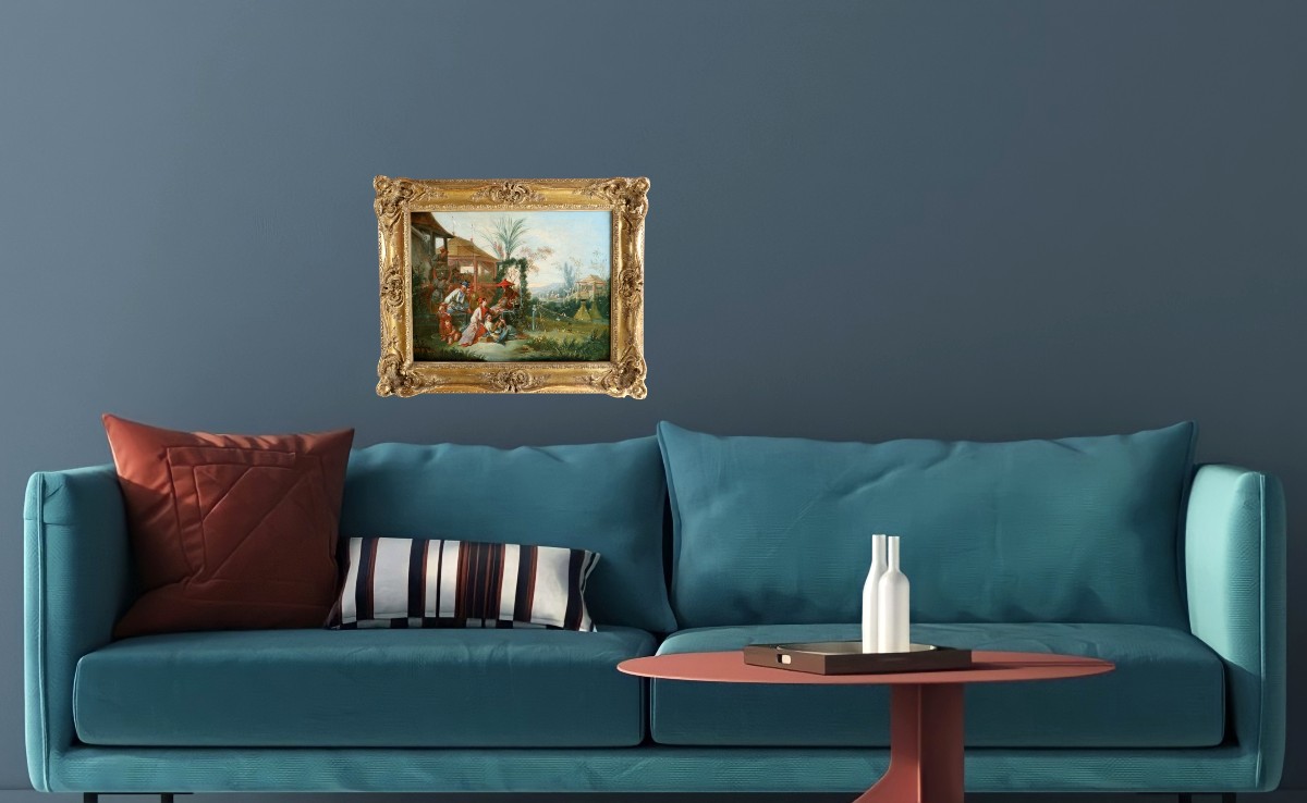 Chinoiserie attribuée à l’atelier De François Boucher vers 1750, la chasse aux oiseaux.-photo-4