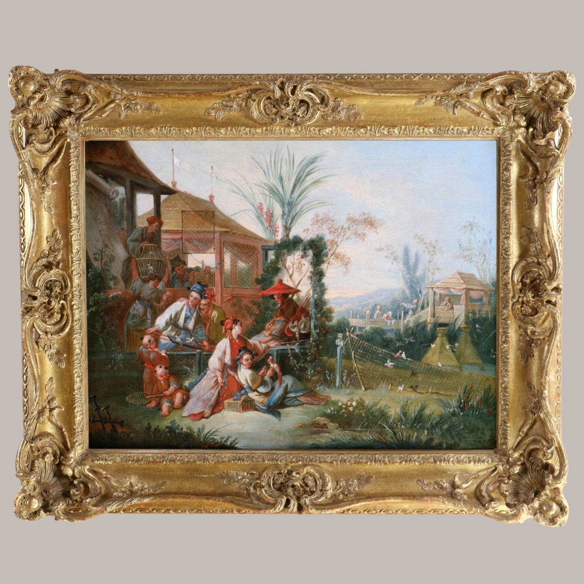 Chinoiserie attribuée à l’atelier De François Boucher vers 1750, la chasse aux oiseaux.