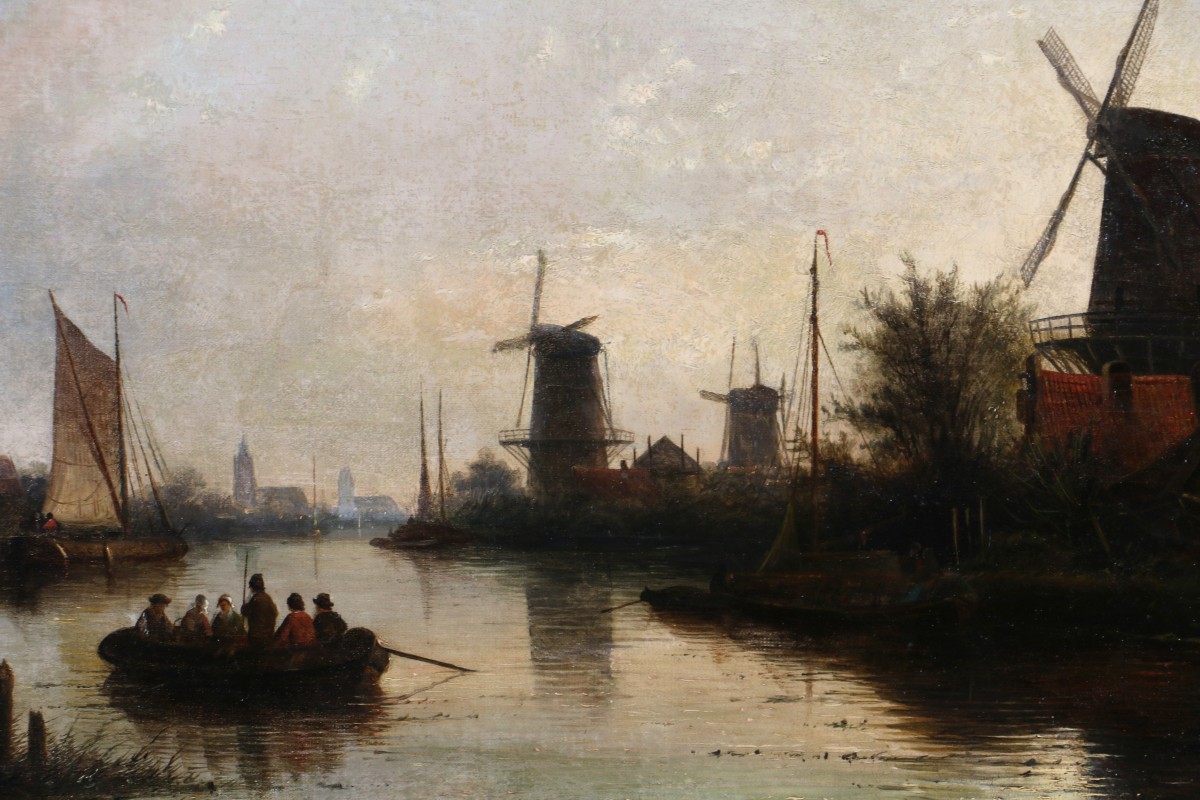 Jacob Jan Coenraad Spöhler (1837, 1923) Signed.  End Of The Day On A Canal In Holland-photo-3
