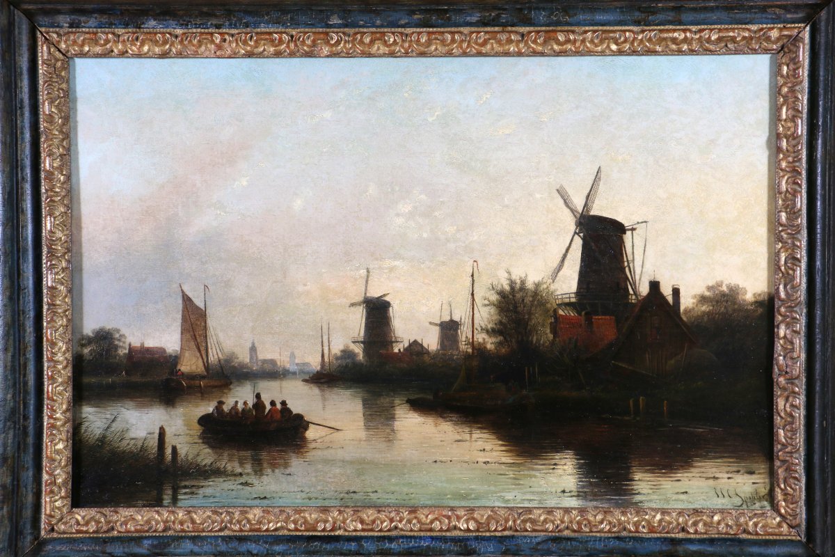 Jacob Jan Coenraad Spöhler (1837, 1923) signé. Fin de journée sur un canal de Hollande-photo-2