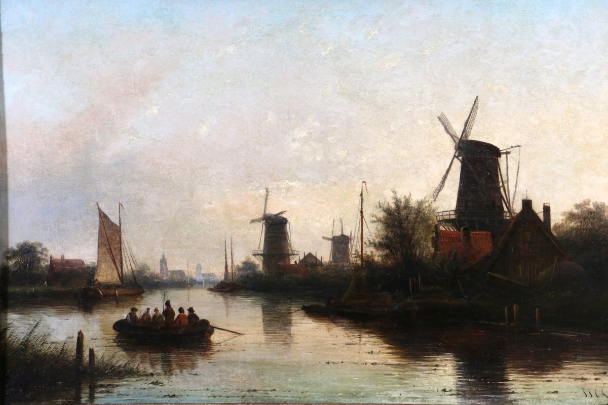 Jacob Jan Coenraad Spöhler (1837, 1923) signé. Fin de journée sur un canal de Hollande-photo-3