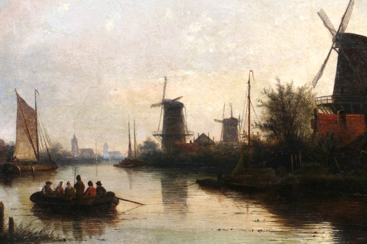 Jacob Jan Coenraad Spöhler (1837, 1923) signé. Fin de journée sur un canal de Hollande-photo-4