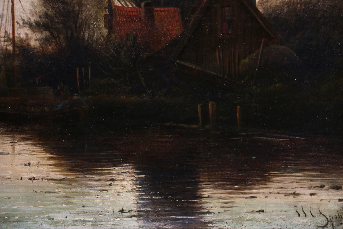 Jacob Jan Coenraad Spöhler (1837, 1923) Signed.  End Of The Day On A Canal In Holland-photo-1