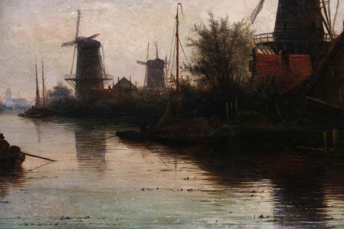 Jacob Jan Coenraad Spöhler (1837, 1923) Signed.  End Of The Day On A Canal In Holland-photo-2