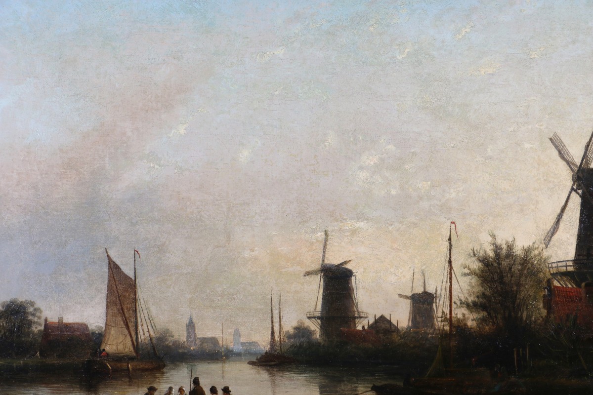 Jacob Jan Coenraad Spöhler (1837, 1923) Signed.  End Of The Day On A Canal In Holland-photo-3