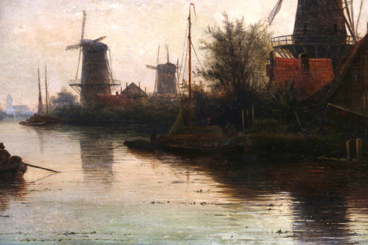 Jacob Jan Coenraad Spöhler (1837, 1923) signé. Fin de journée sur un canal de Hollande-photo-1