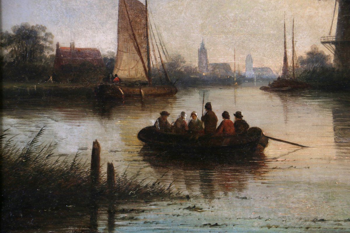 Jacob Jan Coenraad Spöhler (1837, 1923) signé. Fin de journée sur un canal de Hollande-photo-2
