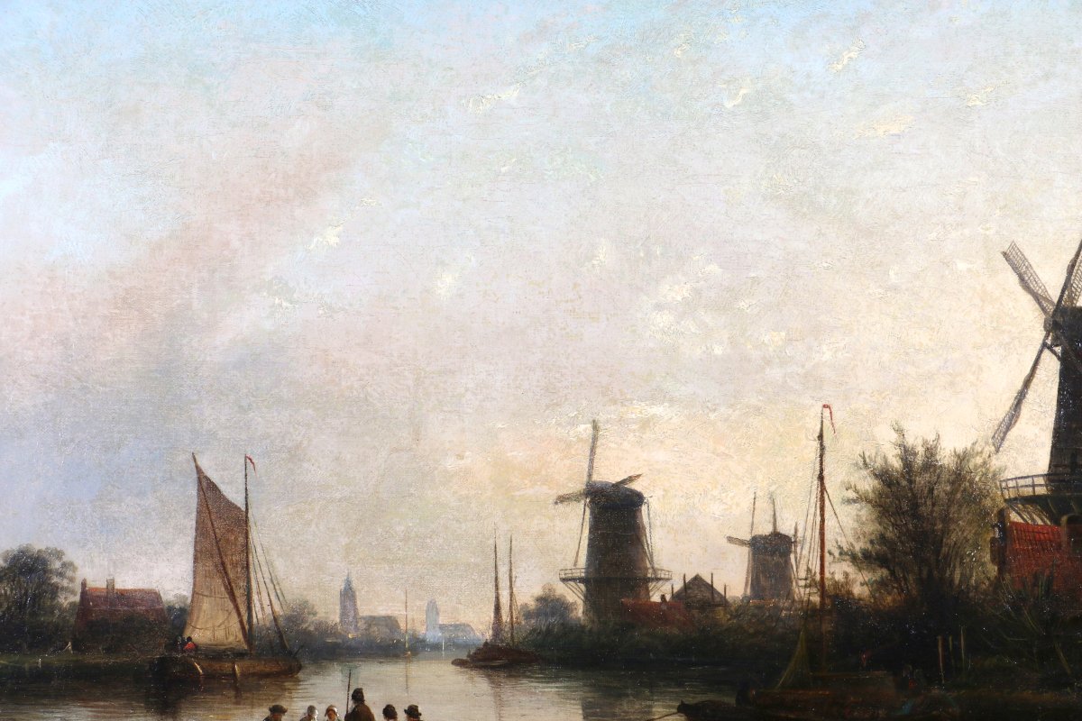 Jacob Jan Coenraad Spöhler (1837, 1923) signé. Fin de journée sur un canal de Hollande-photo-3