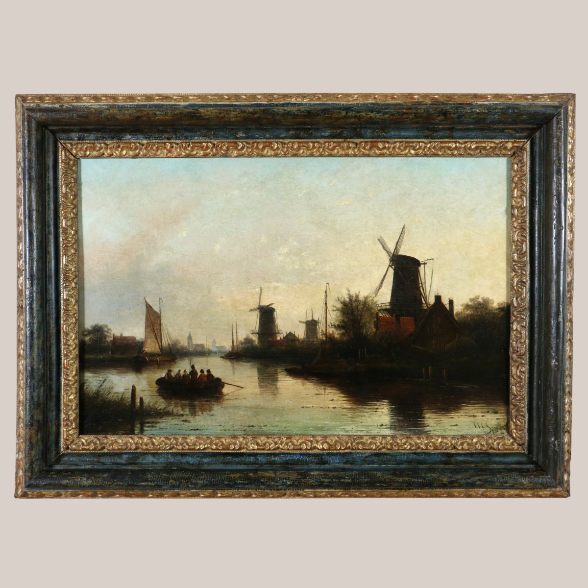 Jacob Jan Coenraad Spöhler (1837, 1923) signé. Fin de journée sur un canal de Hollande