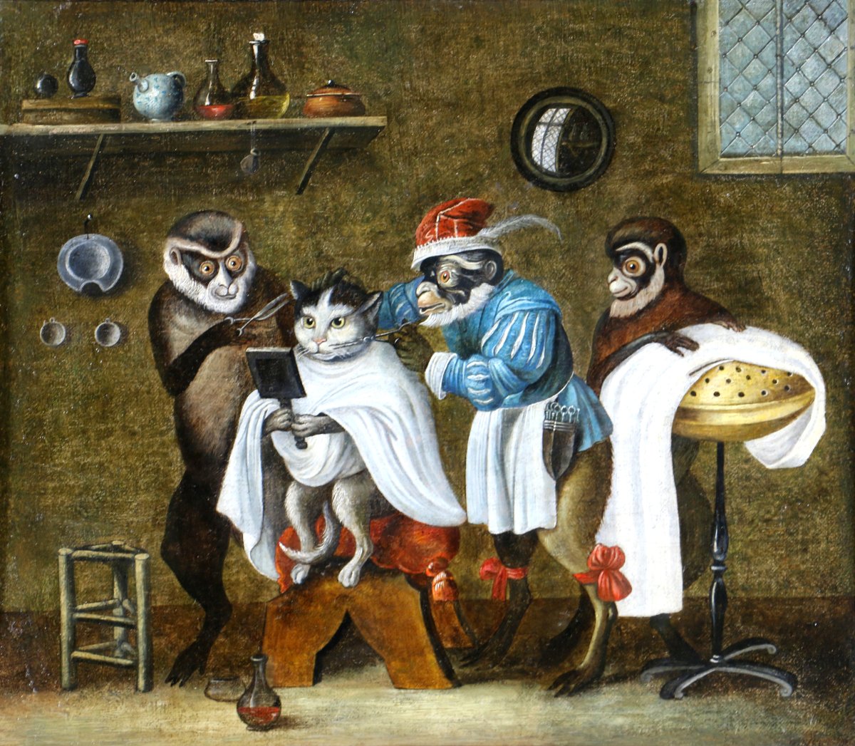 Ferdinand Van Kessel (antwerp, 1648 - Circa 1696) Attributed. Singerie, The Cat At The Barber's.-photo-2