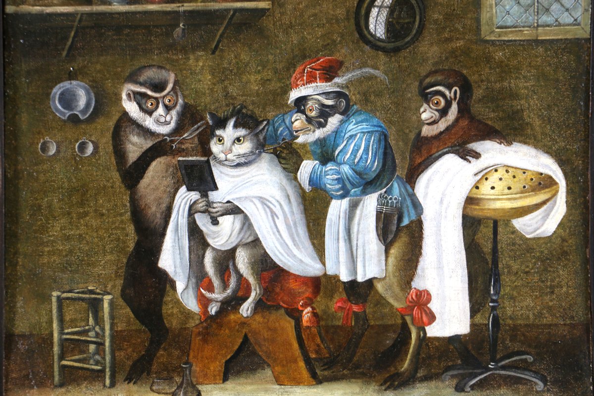 Ferdinand Van Kessel (antwerp, 1648 - Circa 1696) Attributed. Singerie, The Cat At The Barber's.-photo-3