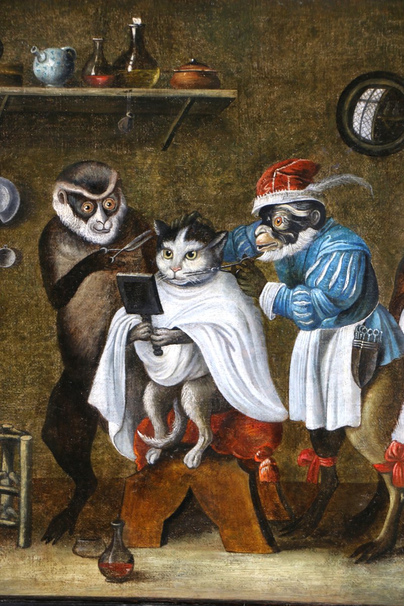 Ferdinand Van Kessel (antwerp, 1648 - Circa 1696) Attributed. Singerie, The Cat At The Barber's.-photo-4