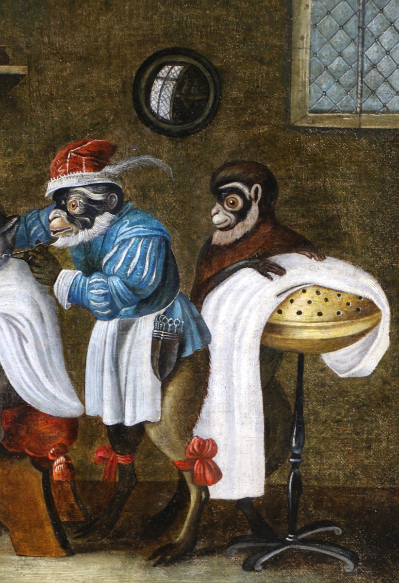 Ferdinand Van Kessel (antwerp, 1648 - Circa 1696) Attributed. Singerie, The Cat At The Barber's.-photo-1