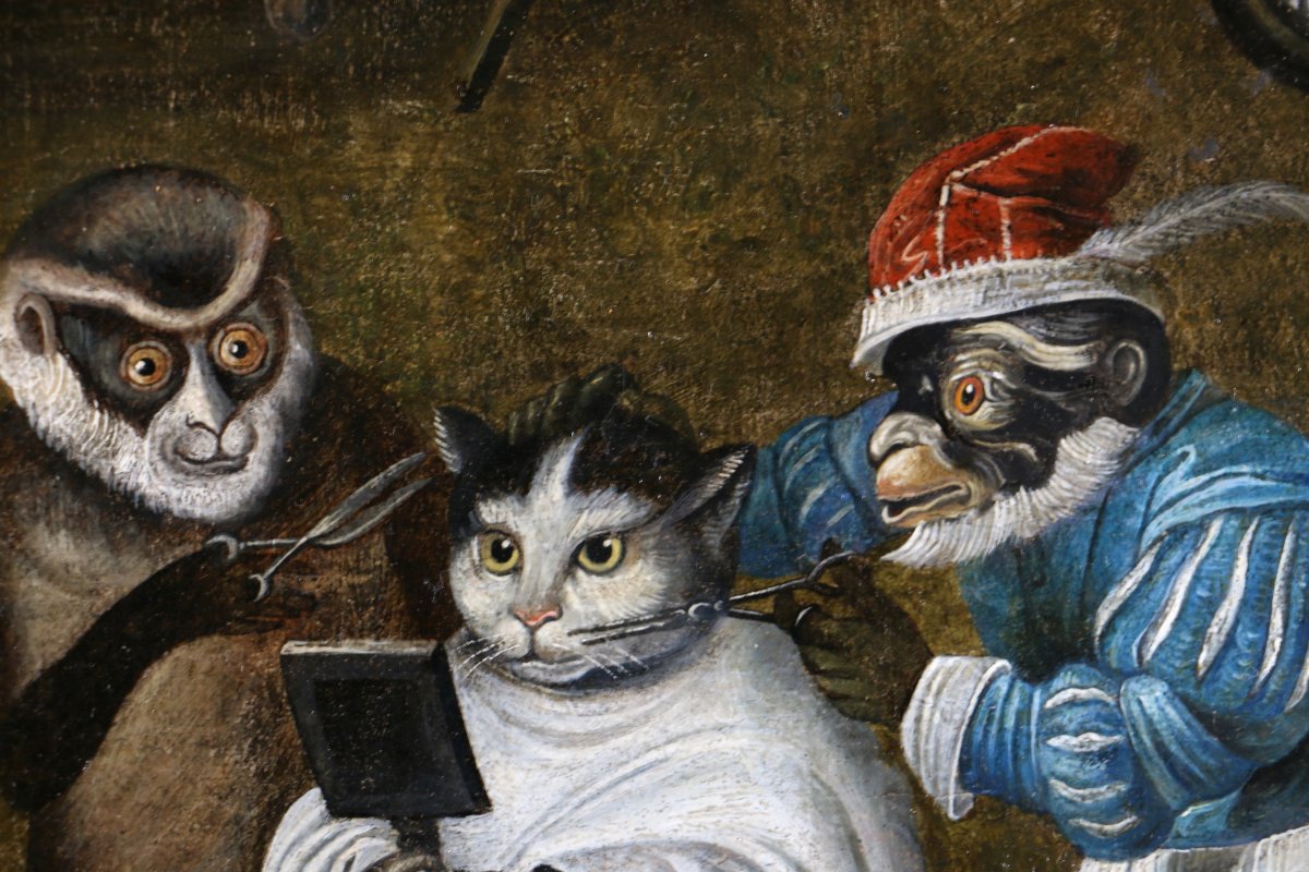 Ferdinand Van Kessel (antwerp, 1648 - Circa 1696) Attributed. Singerie, The Cat At The Barber's.-photo-2