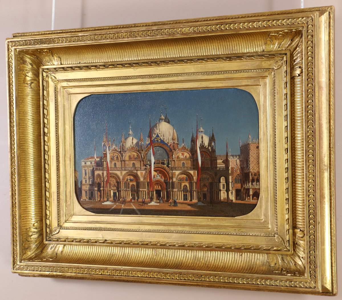 Ecole vénitienne vers 1860. La basilique San Marco sous un soleil de fin de journée.-photo-2
