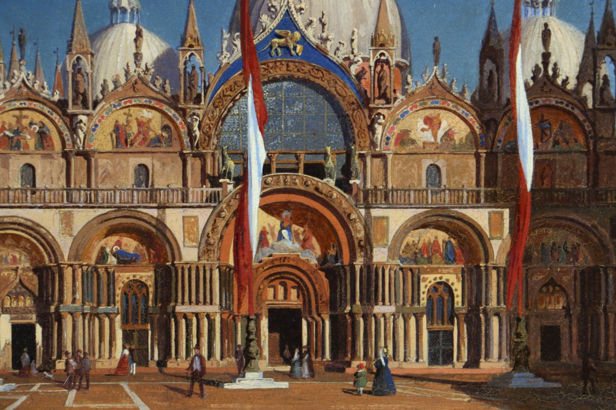 Ecole vénitienne vers 1860. La basilique San Marco sous un soleil de fin de journée.-photo-4