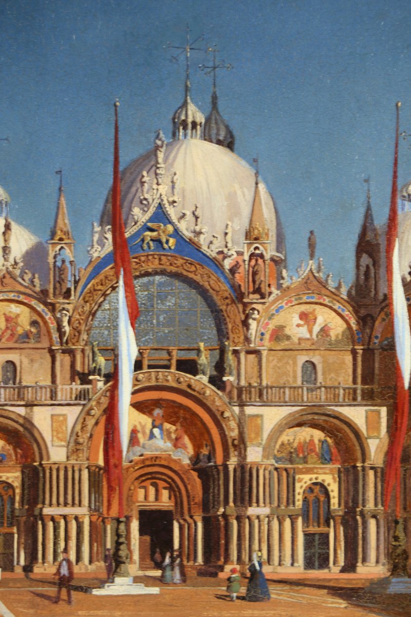 Ecole vénitienne vers 1860. La basilique San Marco sous un soleil de fin de journée.-photo-1