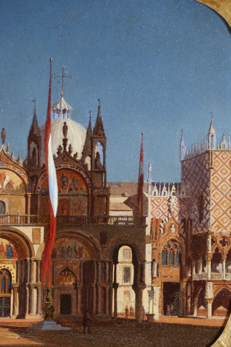 Ecole vénitienne vers 1860. La basilique San Marco sous un soleil de fin de journée.-photo-2