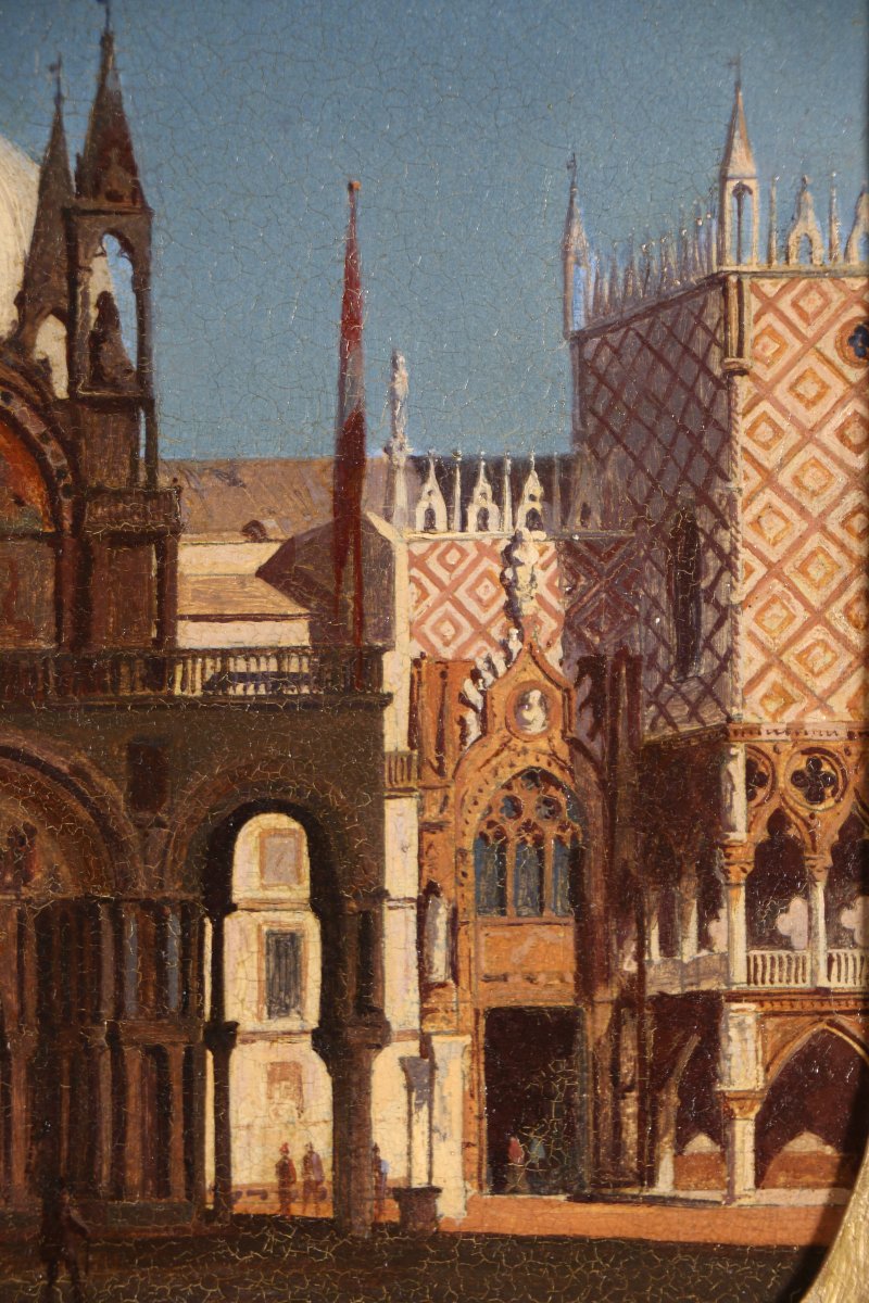 Ecole vénitienne vers 1860. La basilique San Marco sous un soleil de fin de journée.-photo-3