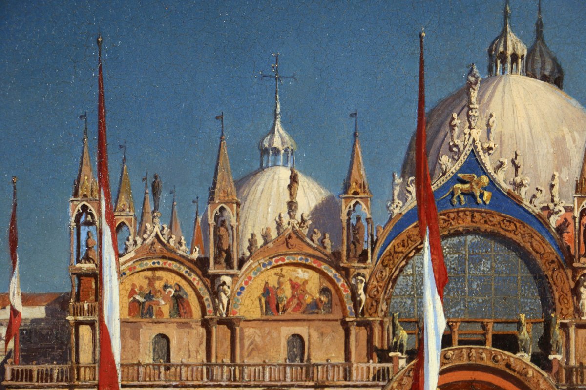 Ecole vénitienne vers 1860. La basilique San Marco sous un soleil de fin de journée.-photo-4