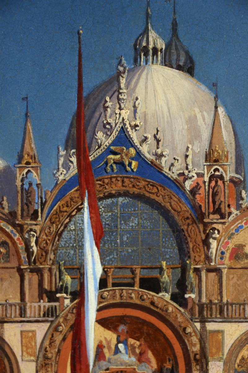 Ecole vénitienne vers 1860. La basilique San Marco sous un soleil de fin de journée.-photo-5