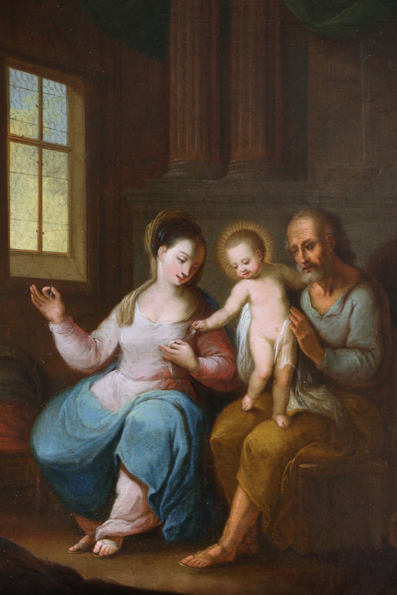 Flemish School Of The 17th Century Monogrammed - The Holy Family In An Interior-photo-2