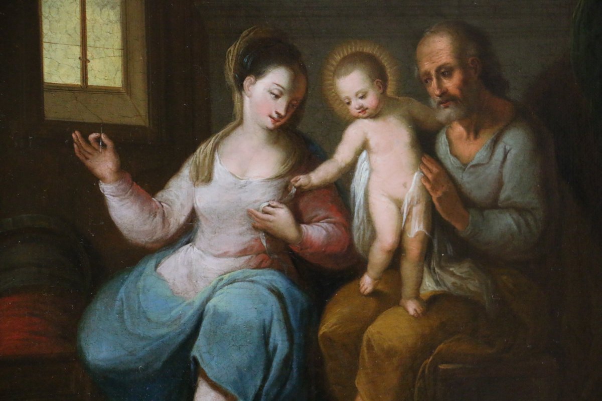 Flemish School Of The 17th Century Monogrammed - The Holy Family In An Interior-photo-3