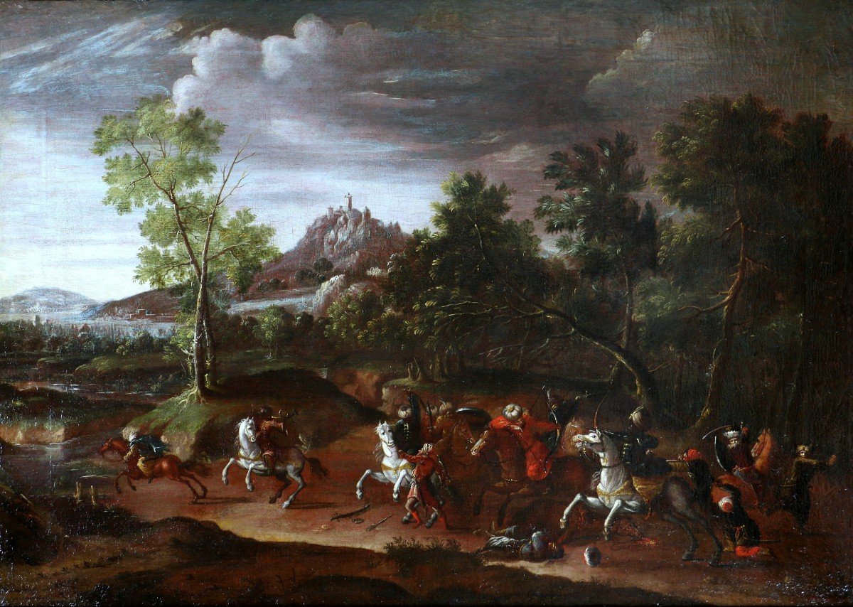 Wilhem Von Bemmel (1630; 1708) Attribué. Paysage Animé d'Un Choc De Cavalerie-photo-2